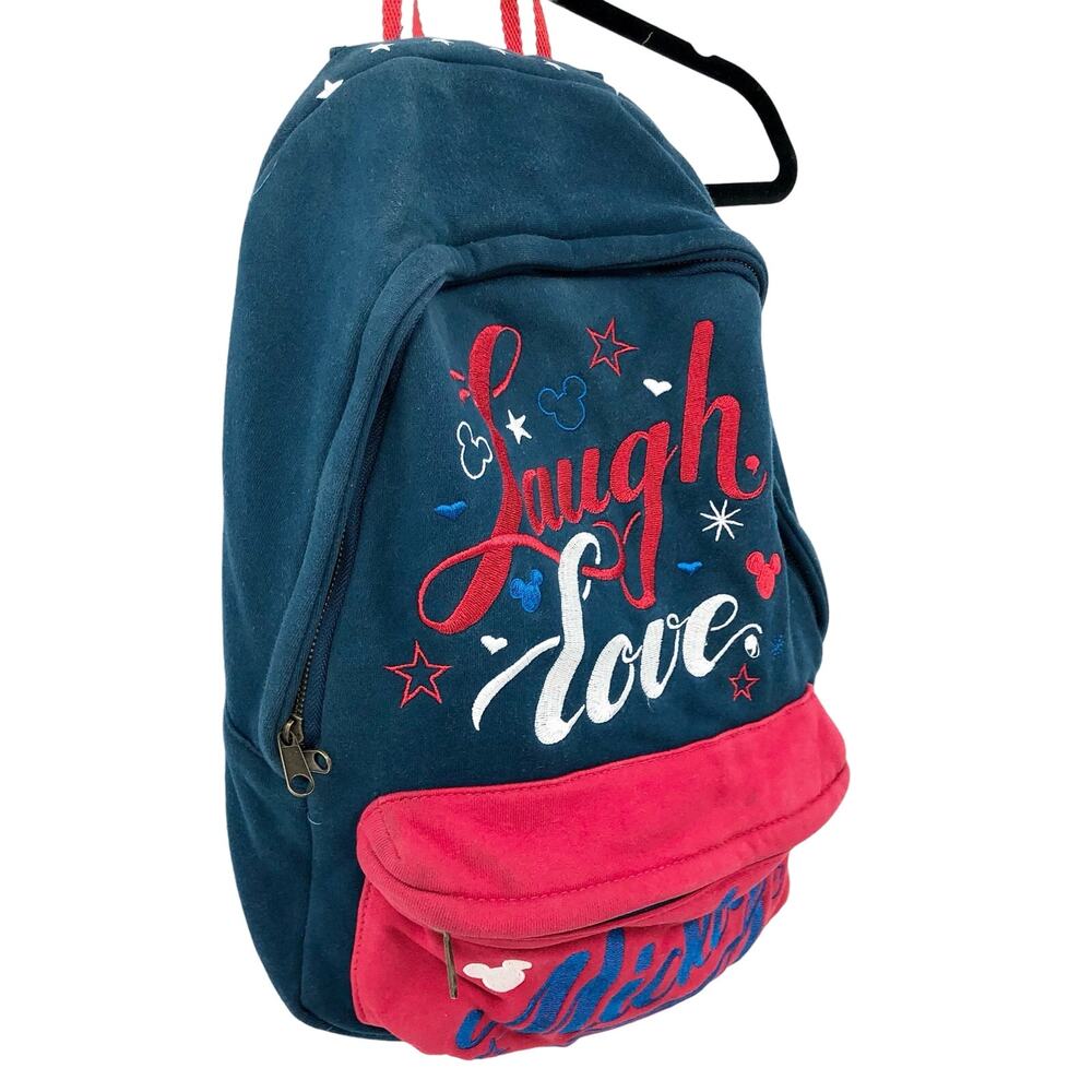 Disney Parks Laugh Love Mickey Mouse Embroidered Fabric Backpack Striped Straps
